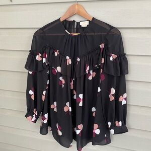 KATE SPADE Black Floral ruffle blouse NWOT preppy cute chic spring chiffon sz S
